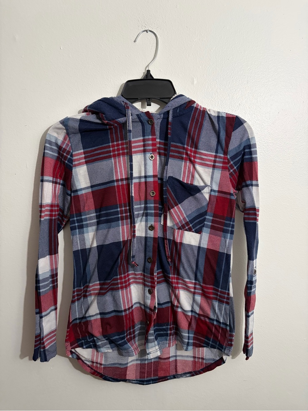Red and Navy Plaid Hooded Button-Up Shirt